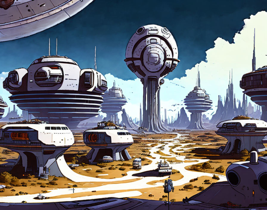 Futuristic cityscape with dome-topped structures and flying vehicles on desert terrain