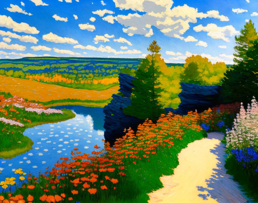 Colorful painting of meandering river path with wildflowers and trees