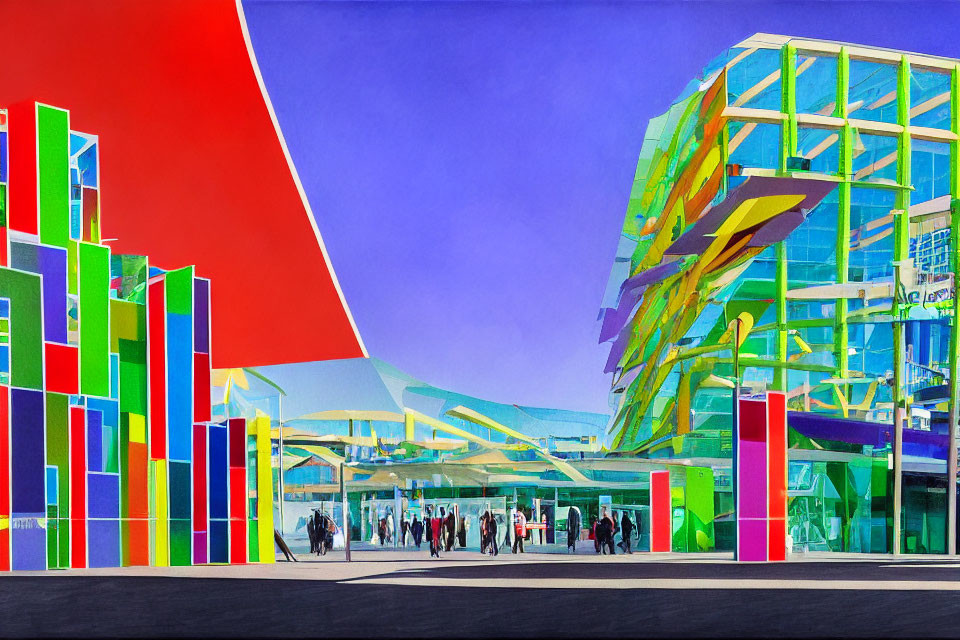 Colorful Urban Plaza Illustration with Abstract Architecture & Geometric Patterns
