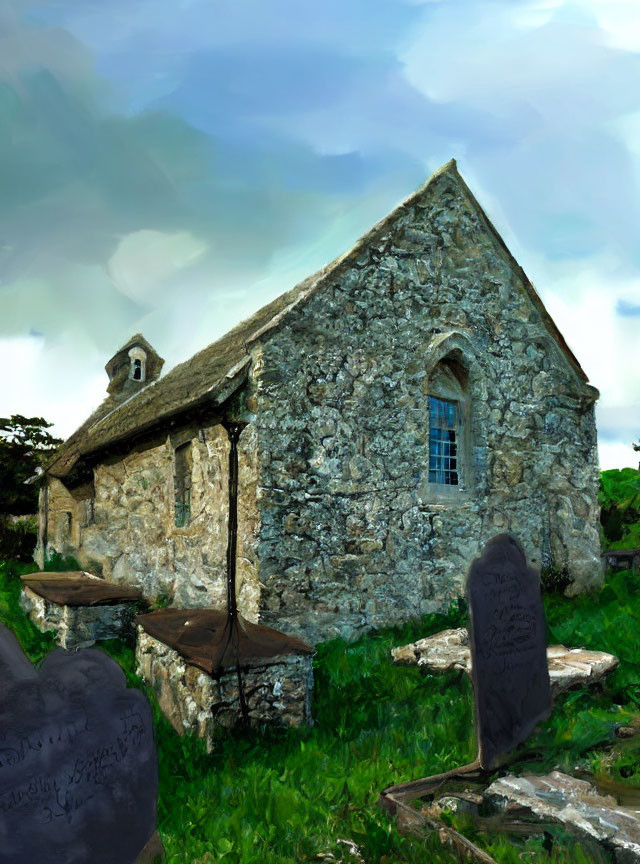 Stone church with blue window in greenery, under cloudy sky