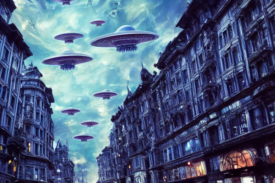 European-style cityscape with UFOs under twilight sky