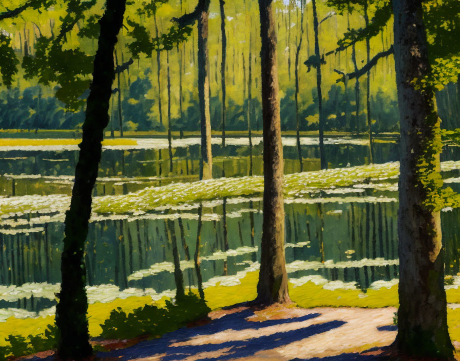 Serene forest scene with tall trees and pond in impressionist style