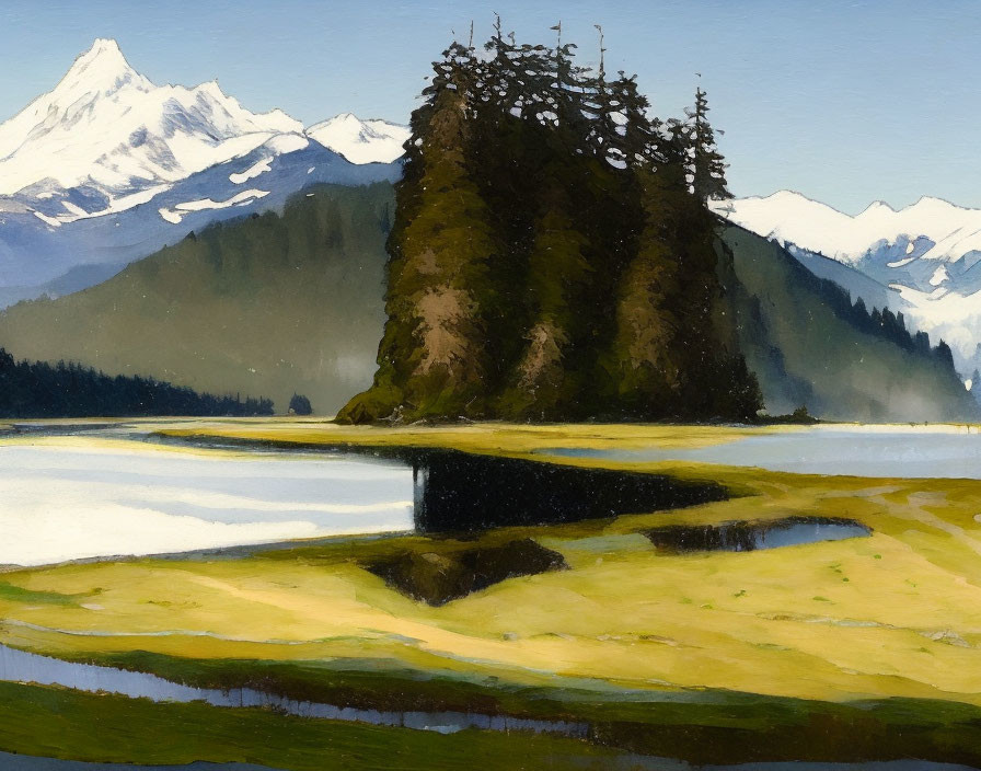 Tranquil landscape painting of lush island with pine trees, lake, and snow-capped mountains