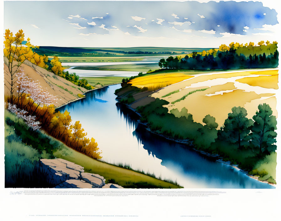 Vibrant landscape painting of a serene river in grassy fields