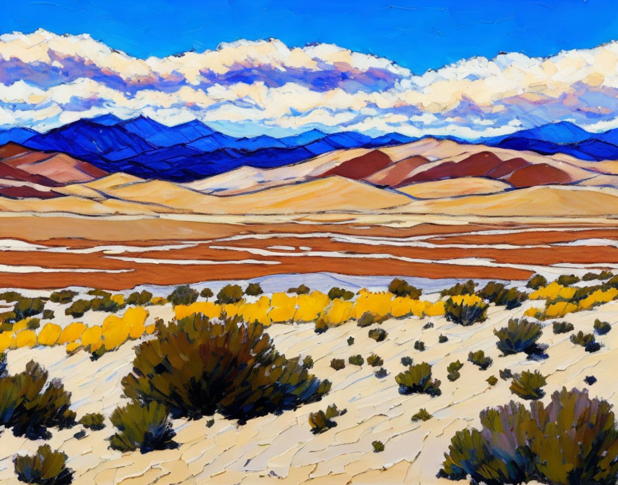 Vibrant impressionist painting of blue mountains, desert, and vivid sky