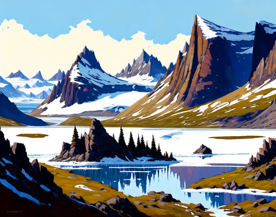 Stylized landscape with serene lake, pine trees, mountains, and blue sky