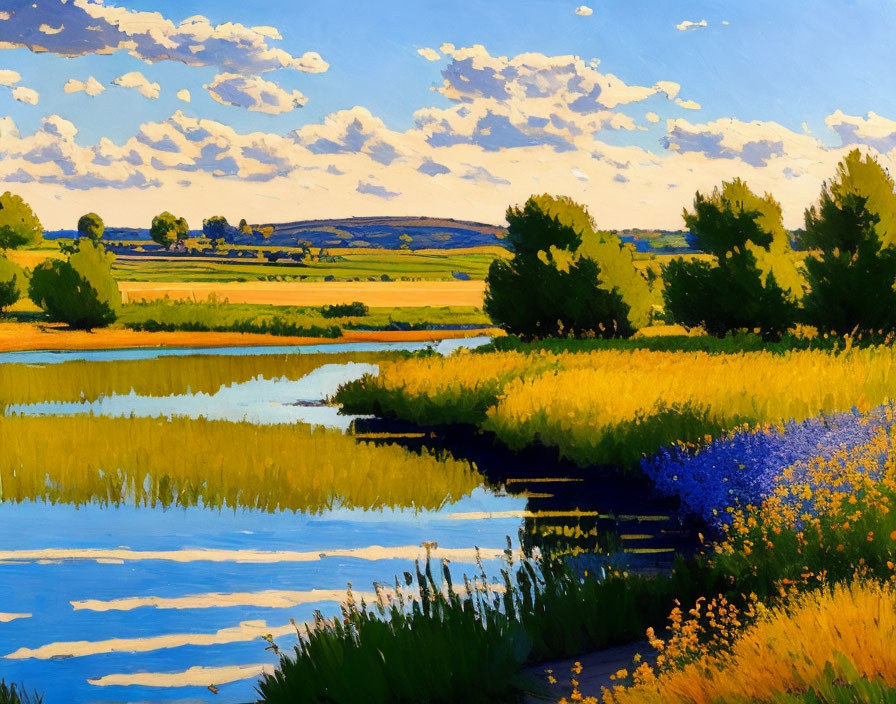 Colorful landscape painting: blue and yellow flowers by riverbank