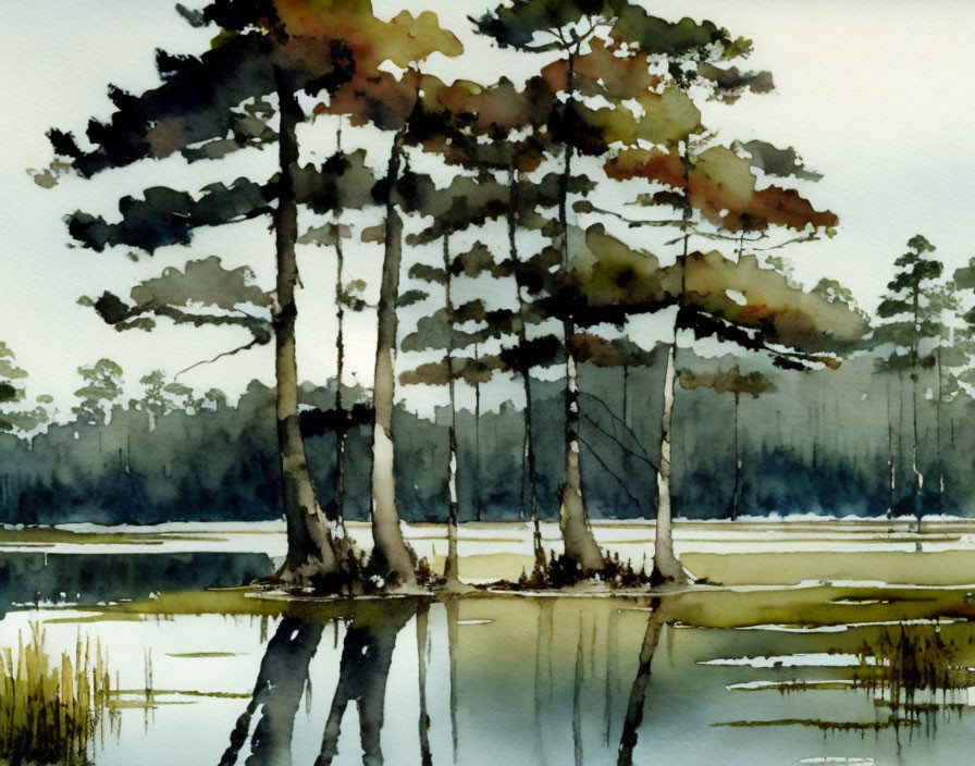 Serene watercolor art of slender trees and calm reflections