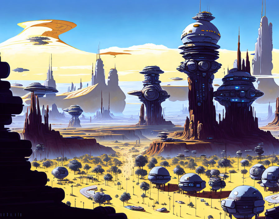 Futuristic cityscape with towering spires in desert-like landscape
