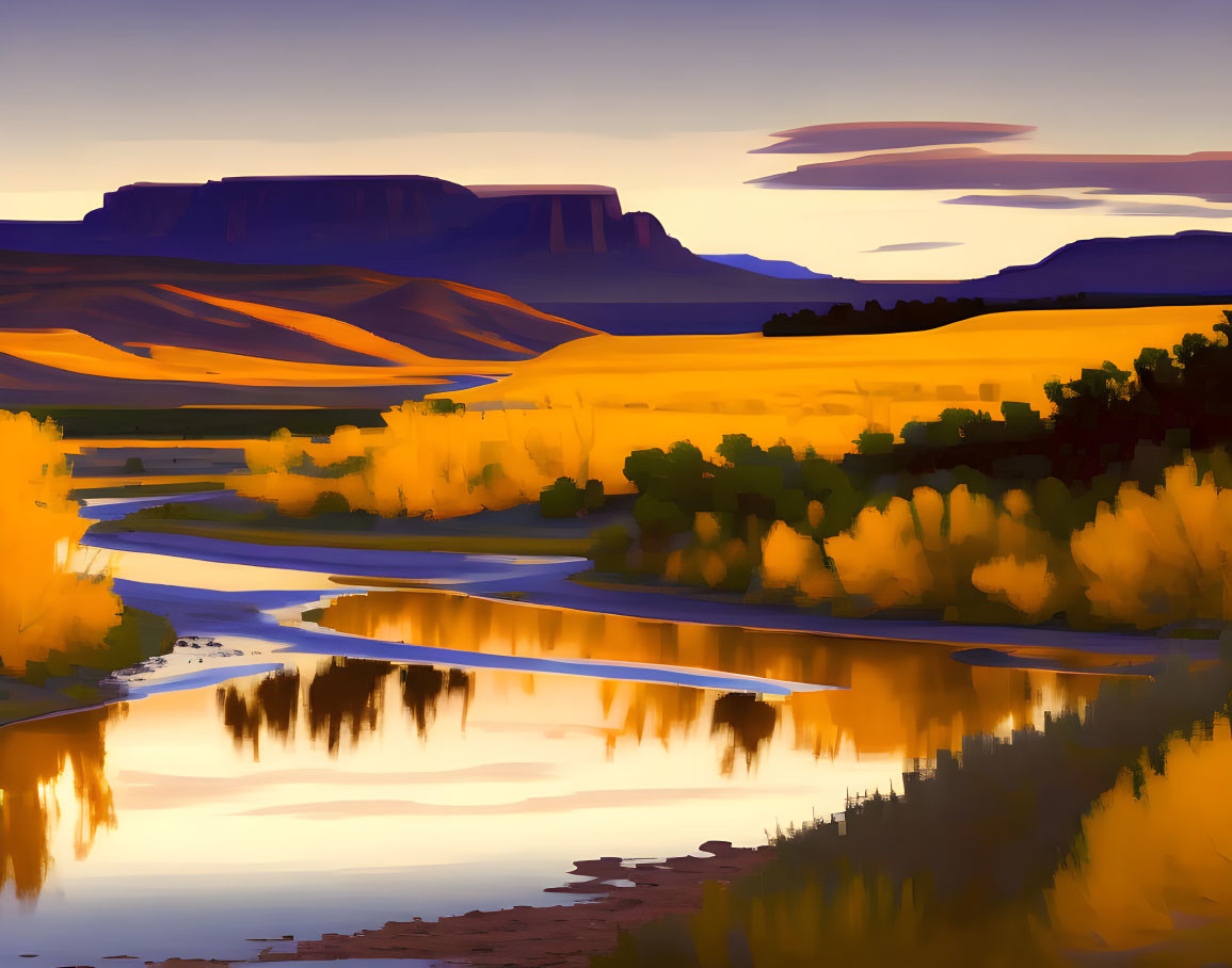 Tranquil river landscape with trees, grasses, and mesas at twilight