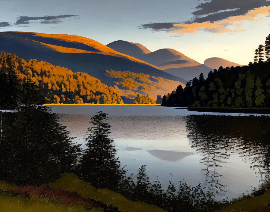 Tranquil sunset scene: lake, trees, hills in warm glow