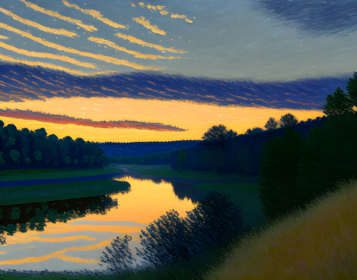Tranquil Dusk Landscape: Orange and Blue Sky, River Reflection