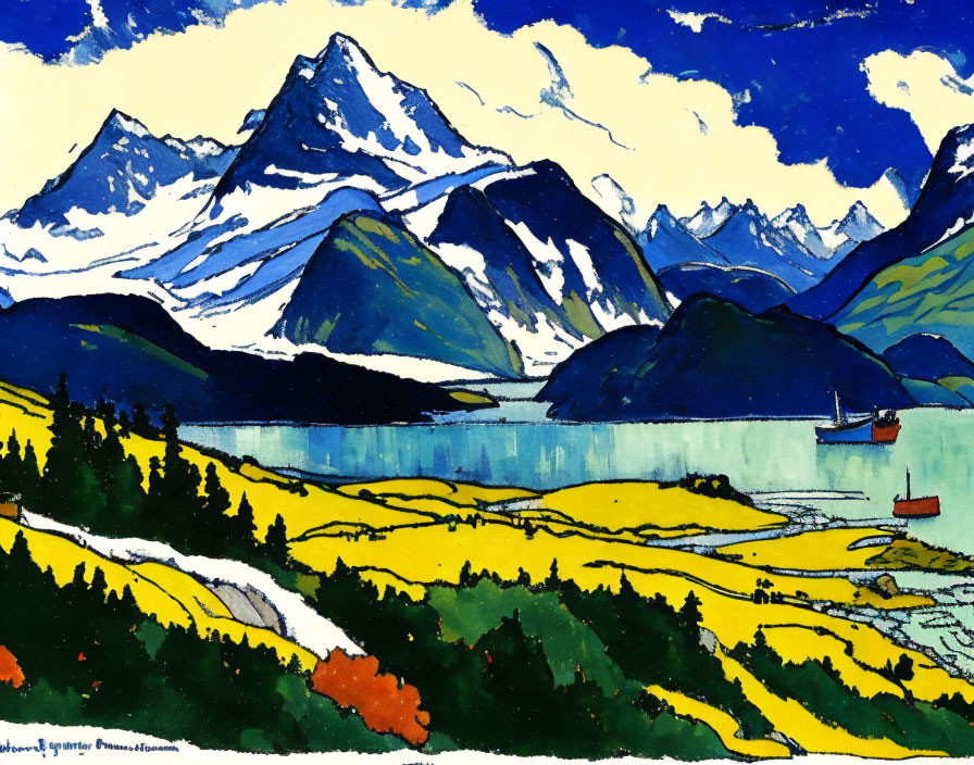 Colorful landscape painting with snow-capped mountains, blue lake, green hills, yellow fields, and
