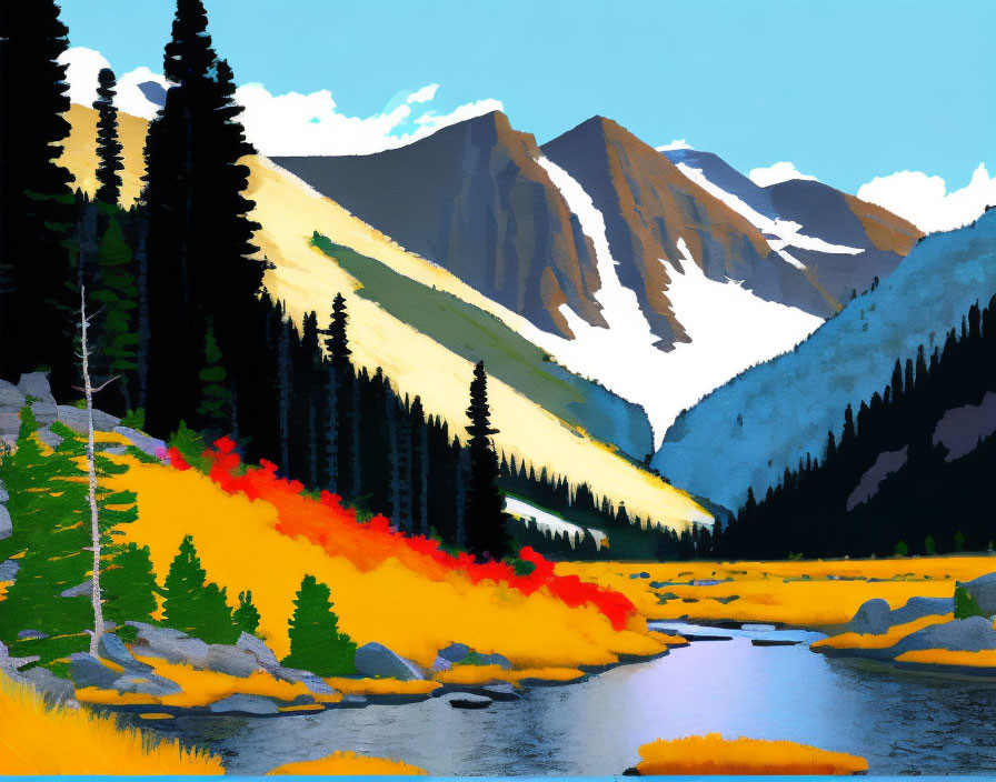 Colorful landscape with mountains, autumn forest, river, and blue sky