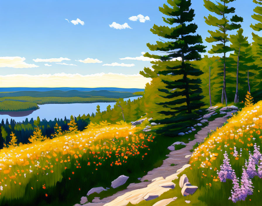 Vibrant landscape painting: Sunlit path, wildflower meadow, pine trees, lake,