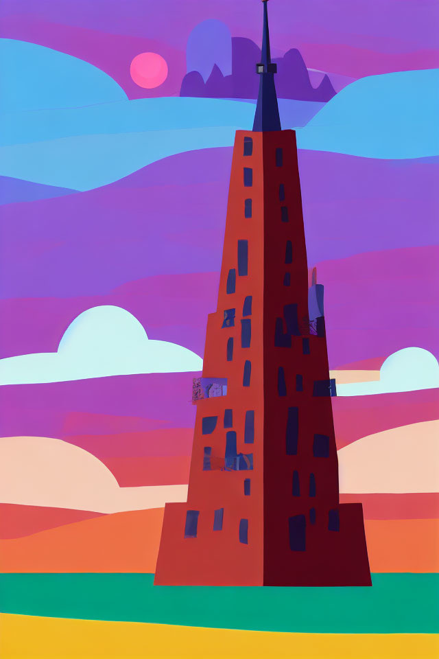 Vibrant red tower with spire in front of purple mountains at sunset