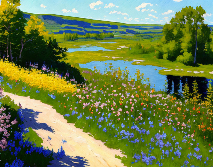 Colorful Landscape Painting: Meadow, River, & Hills
