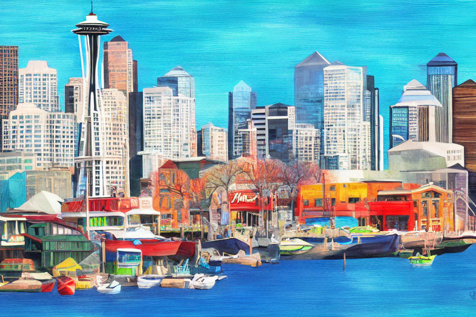 Vibrant cityscape artwork with boats and skyscrapers against blue sky