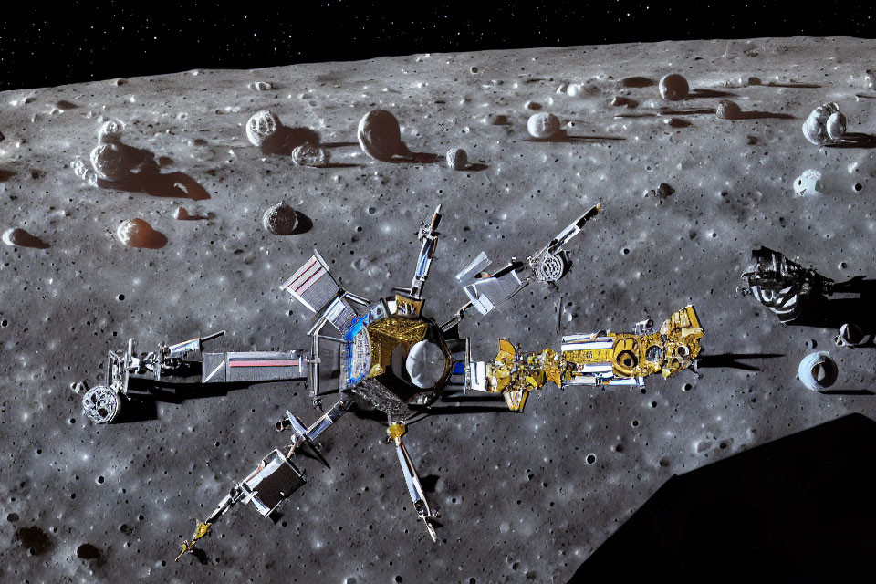 Composite Image: Spacecraft and Modules Orbiting Lunar Surface