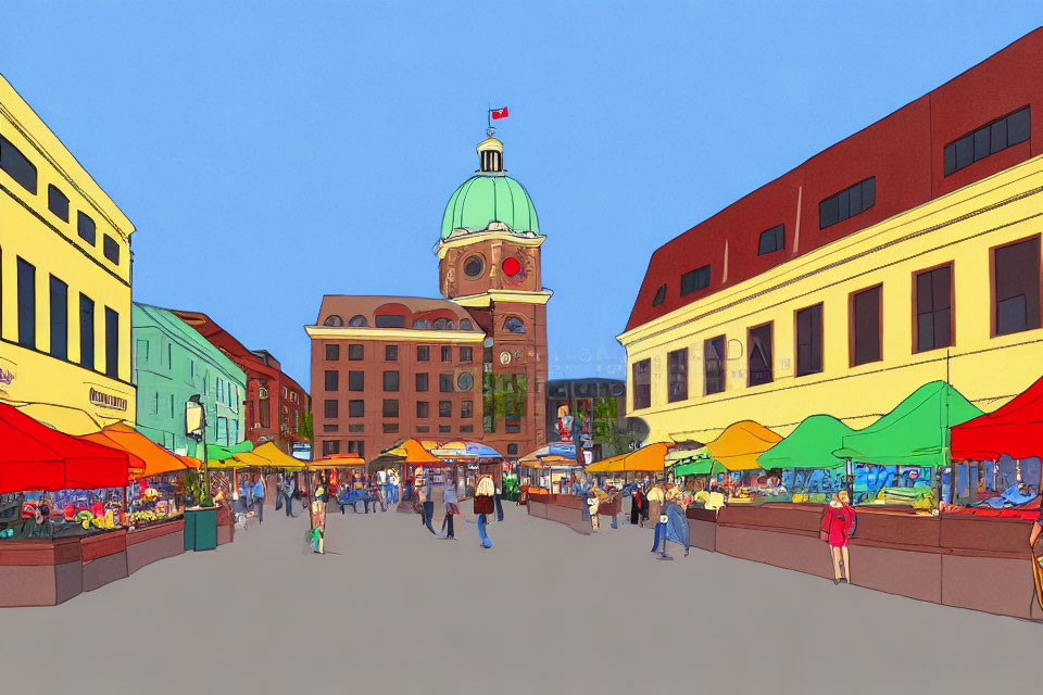 Colorful Street Market Scene with Dome Architecture Under Clear Sky