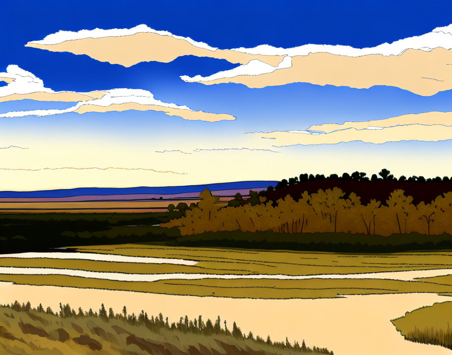 Stylized landscape illustration with serene river, hills, forests, and sunset sky