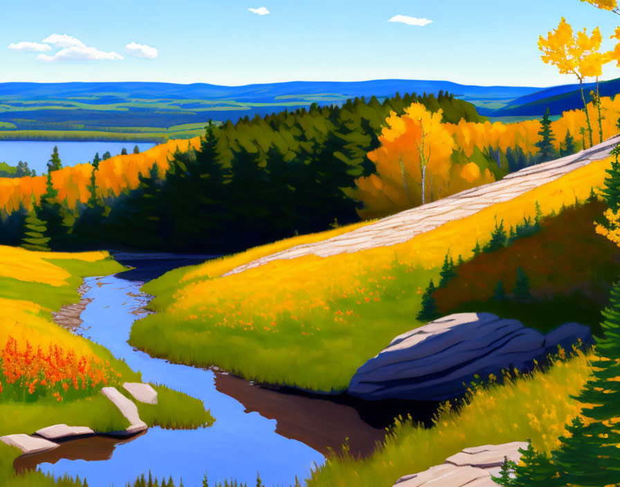 Vibrant landscape painting: stream, autumn trees, rocks, blue sky