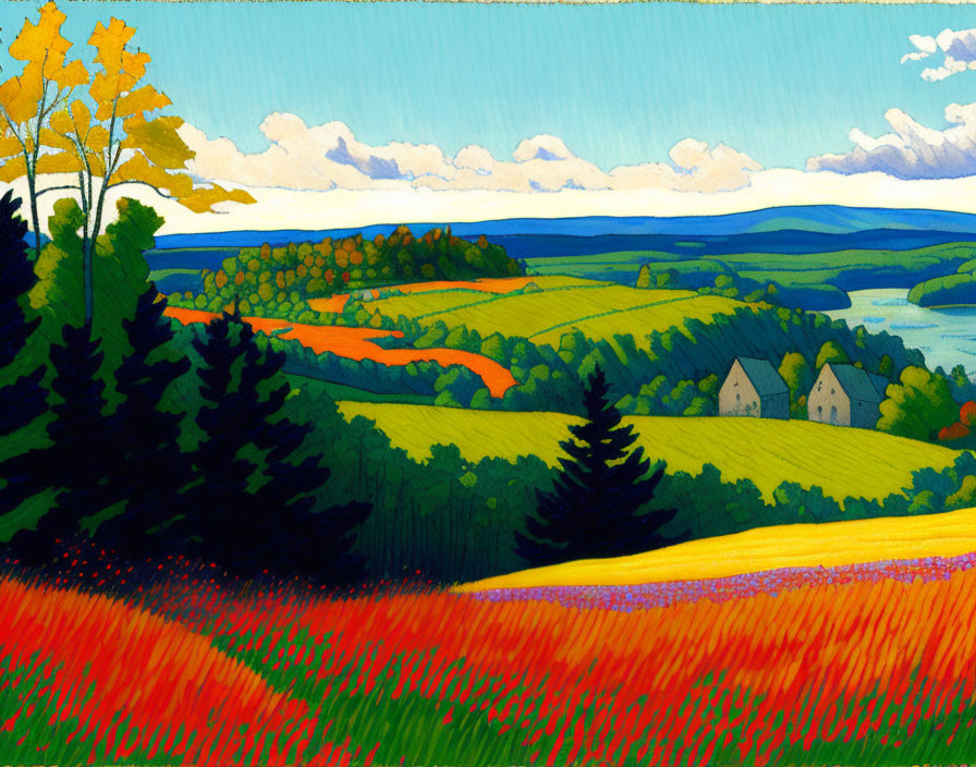 Colorful Landscape Painting with Rolling Hills, Houses, Trees, and Lake View