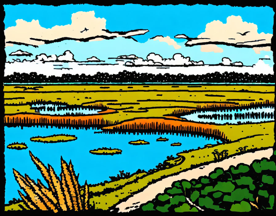 Vibrant countryside landscape with blue pond, greenery, yellow fields