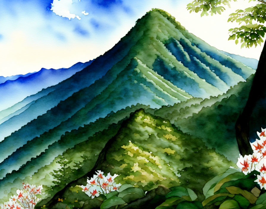 Scenic watercolor painting of green mountains with flowers under blue sky