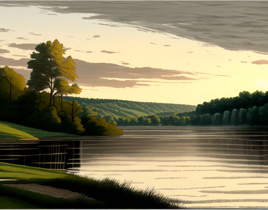 Tranquil dusk landscape with calm lake, vibrant sky, and dense forests