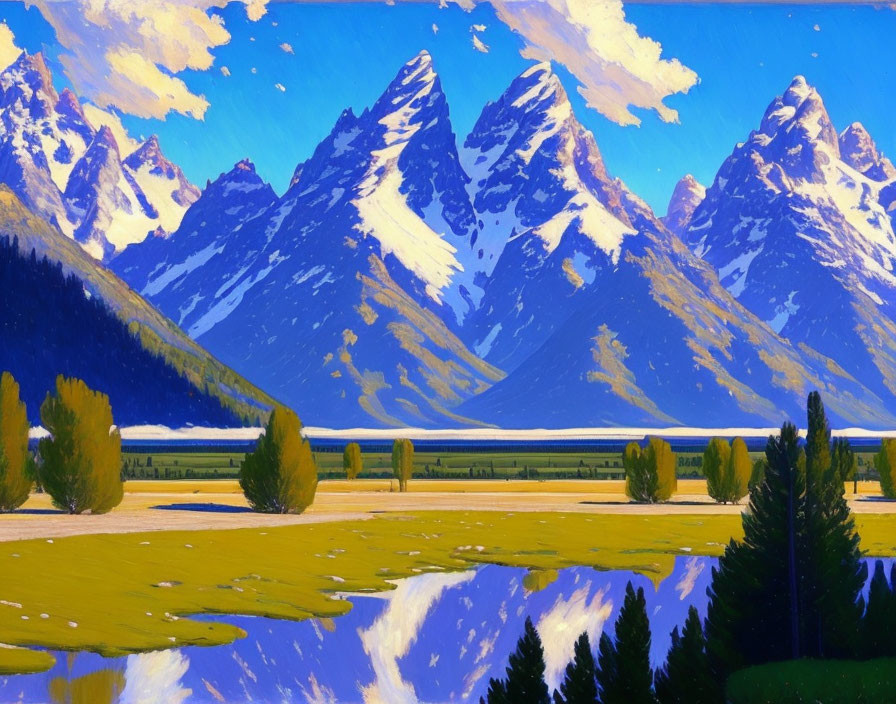 Scenic mountain range painting with lake reflection