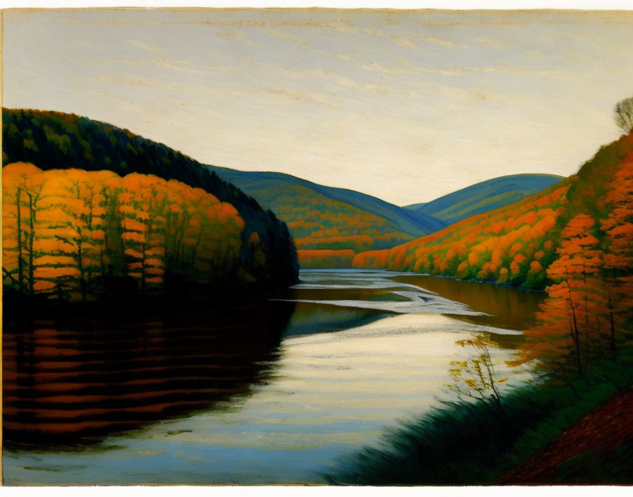 Autumnal forest river painting with hilly background