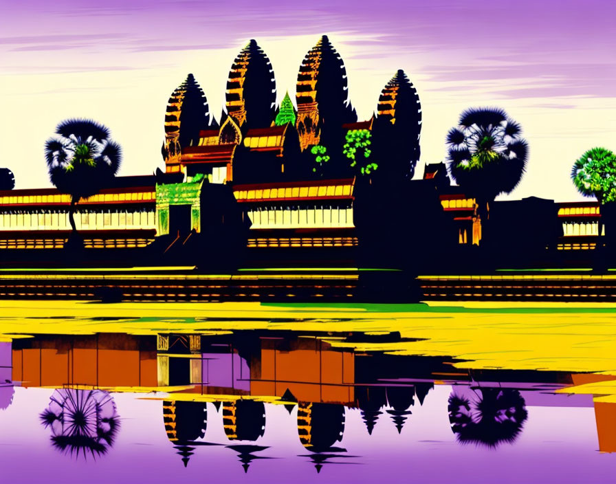 Colorful Silhouette of Angkor Wat with Water Reflection in Purple, Yellow, and Green Palette