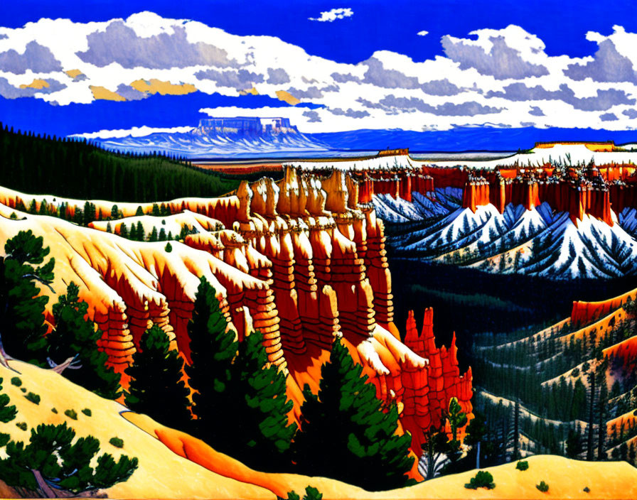 Colorful landscape with orange hoodoos, green trees, and snowy mountains under blue sky