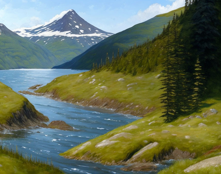 Tranquil landscape with river, pine trees, and mountain