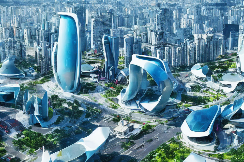 Sleek Futuristic Cityscape with Curvilinear Buildings and Greenery