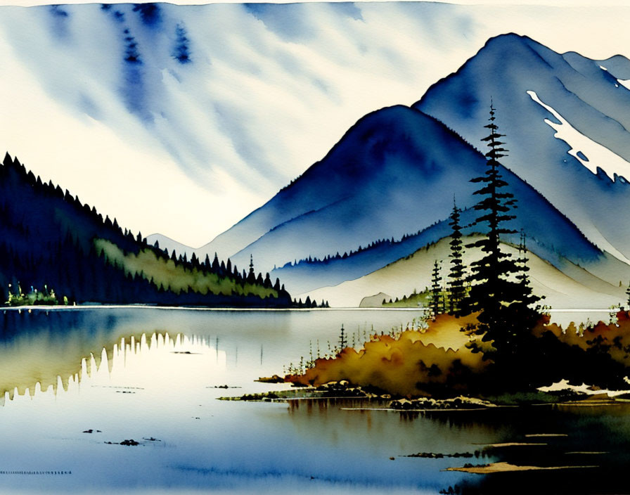 Tranquil watercolor landscape of lake, forests, and mountains