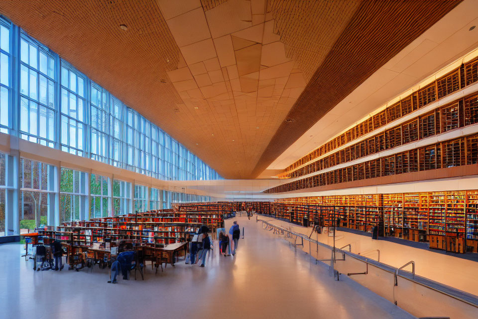 Modern library with large windows, wooden ceiling, and bookshelves, readers at desks