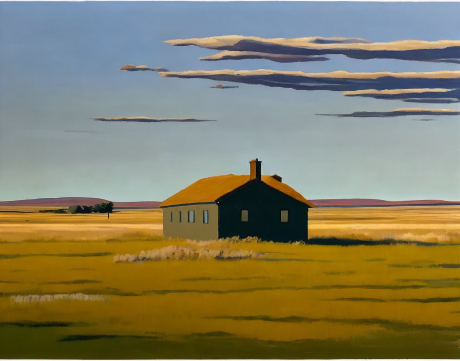 Solitary House in Golden Field with Striped Clouds