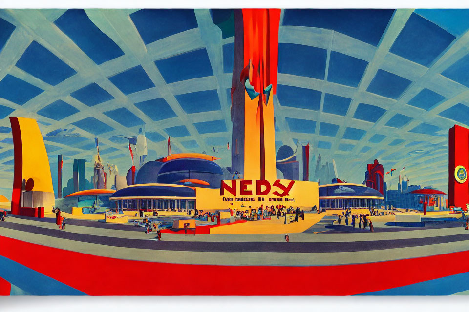Colorful futuristic exposition with dome-like structures and vibrant banners.