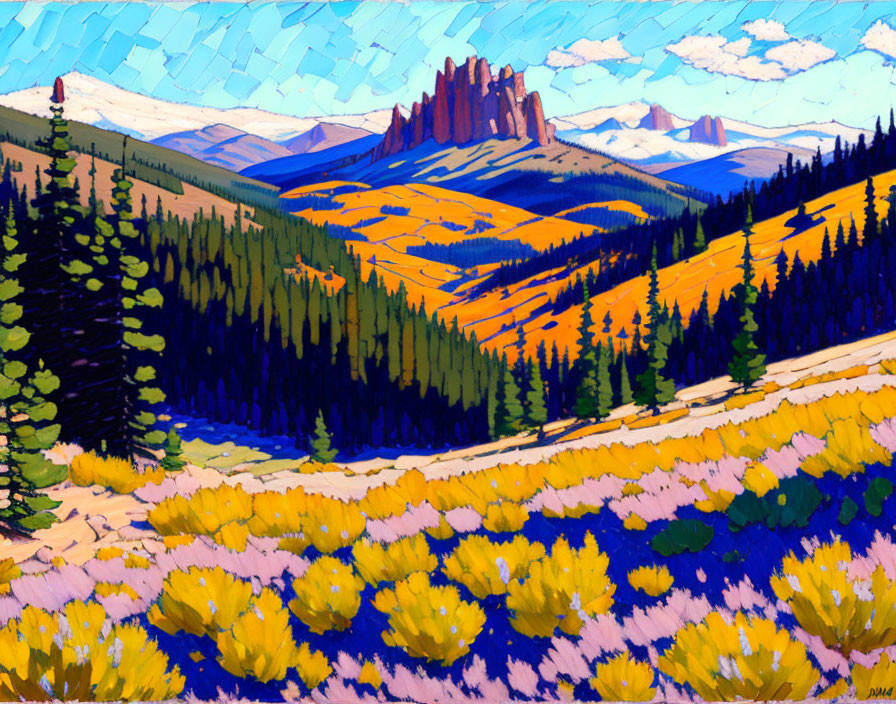 Colorful Landscape Painting with Yellow Foliage and Pine Trees