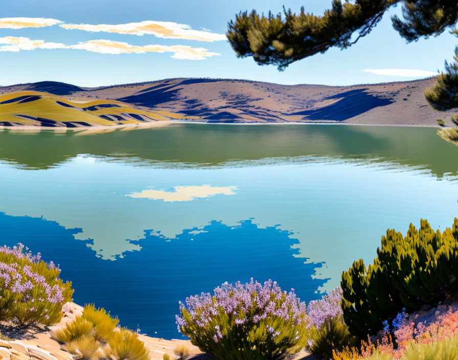Tranquil lake with turquoise waters and sandy hills under clear blue sky