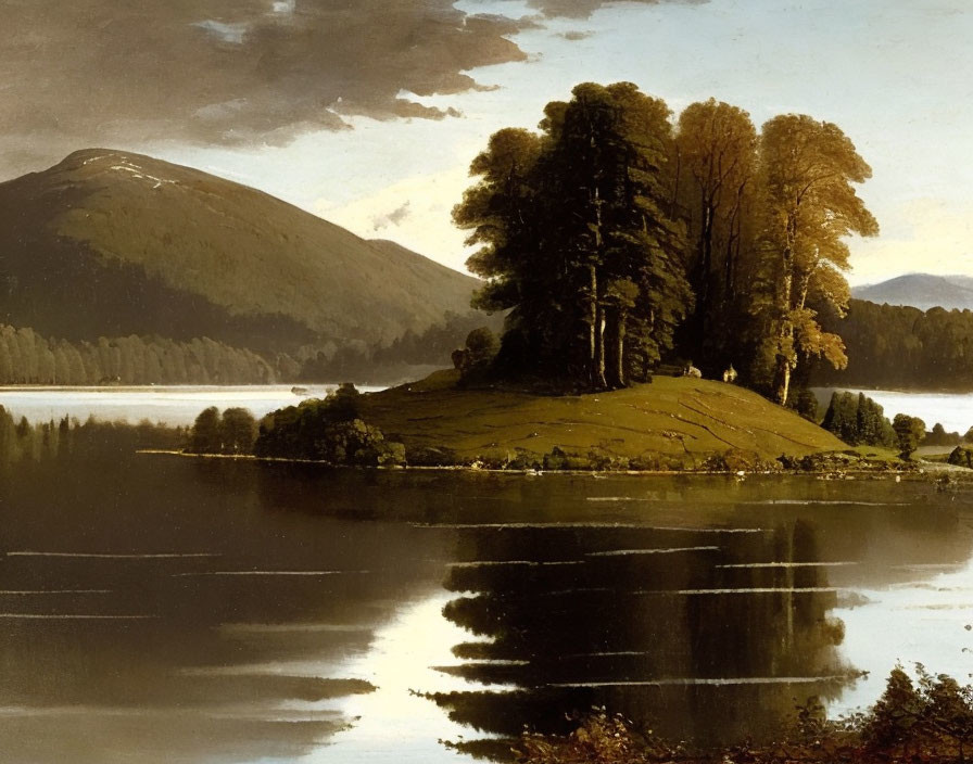 Tranquil landscape with reflective lake, tree-covered islet, and forested hills