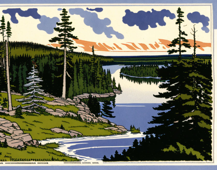 Serene lakeside landscape with vintage-style illustration