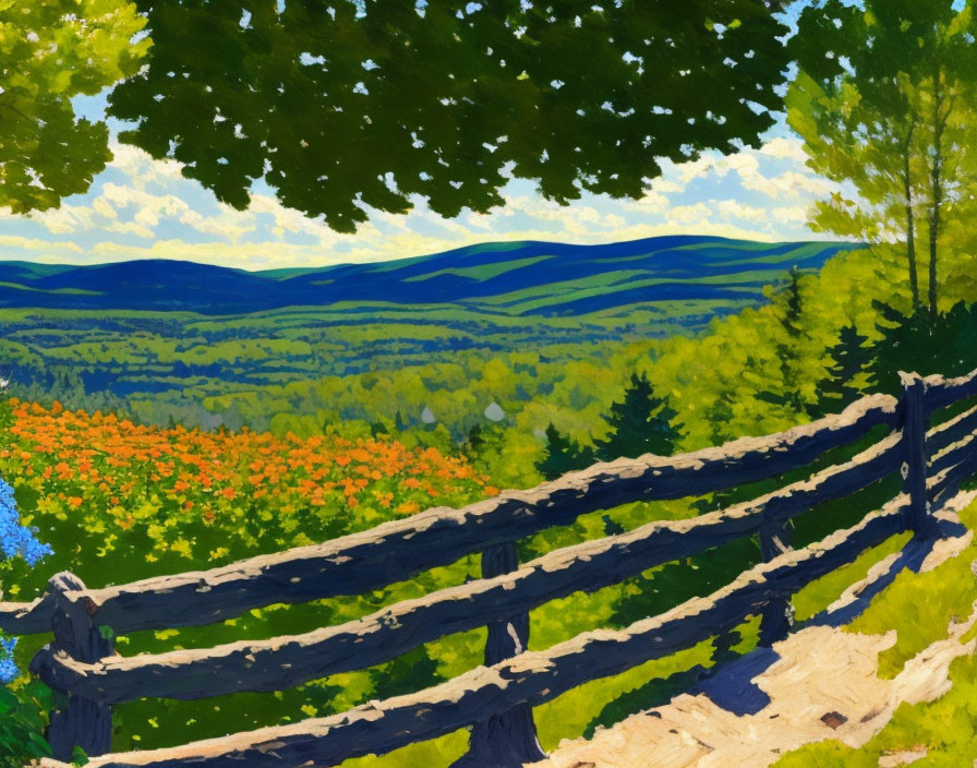 Colorful Landscape Painting: Rustic Fence, Green Valley, Rolling Hills