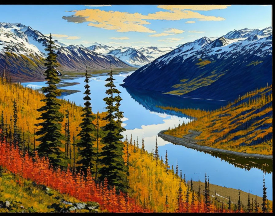 Scenic mountain landscape with autumn trees and river