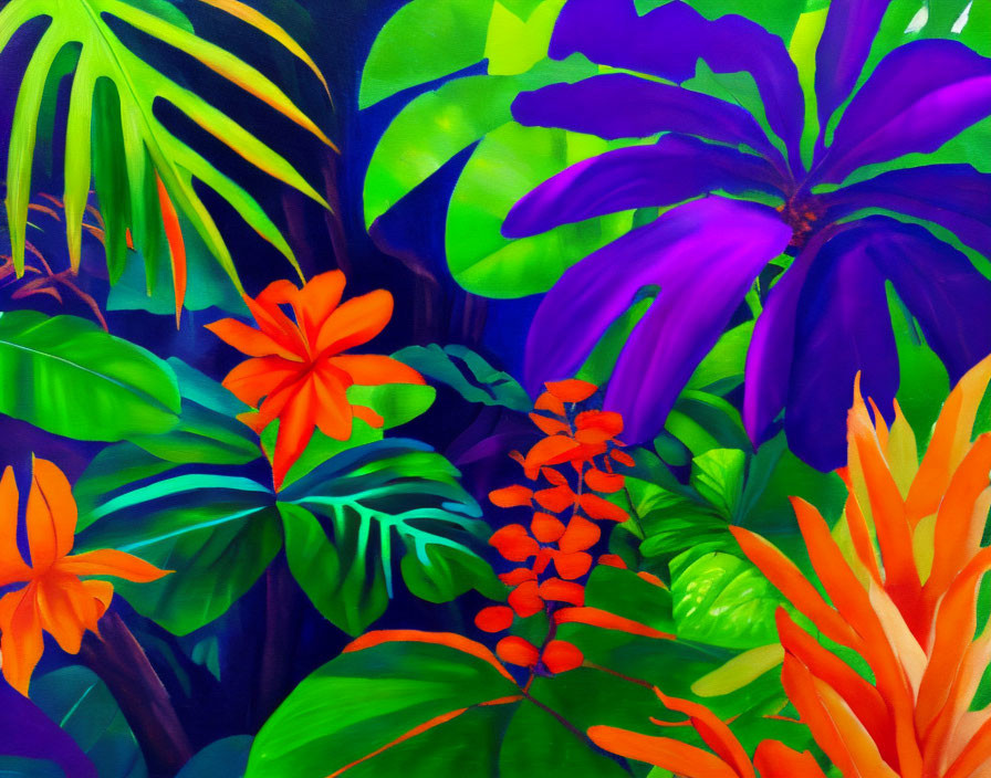 Colorful Tropical Foliage Painting with Green Leaves and Orange/Purple Flowers