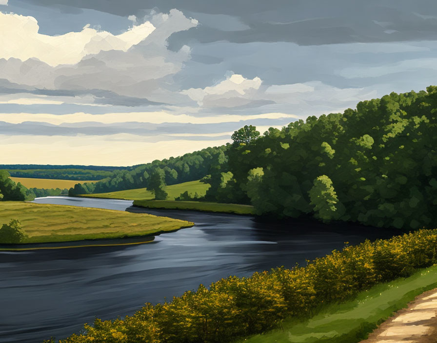 Tranquil digital artwork: river in lush landscape under cloudy sky