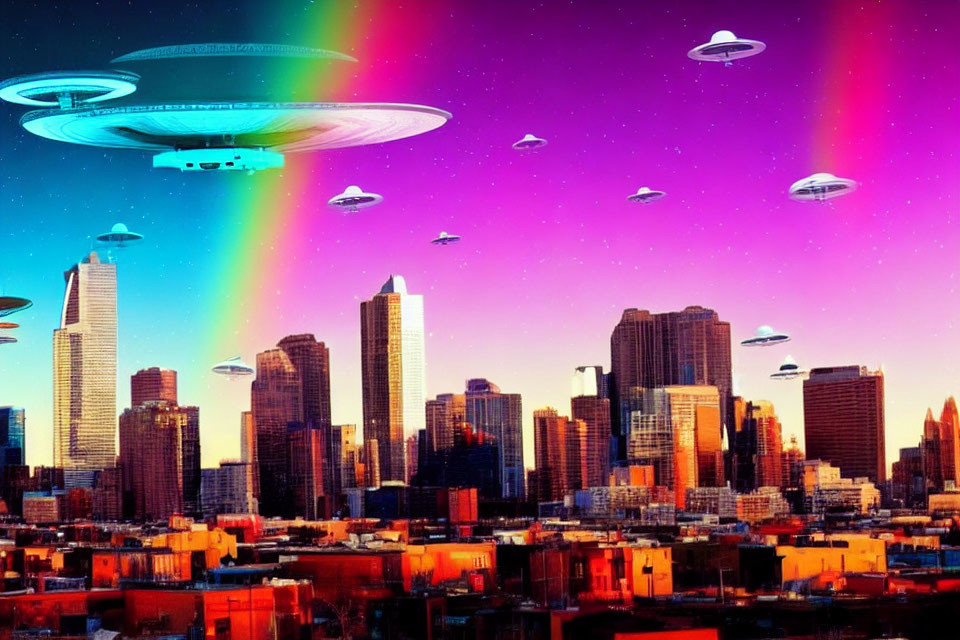 Vibrant city skyline with UFOs and rainbow beam