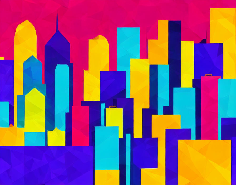 Vibrant Abstract Geometric Cityscape in Blue, Purple, Red & Yellow